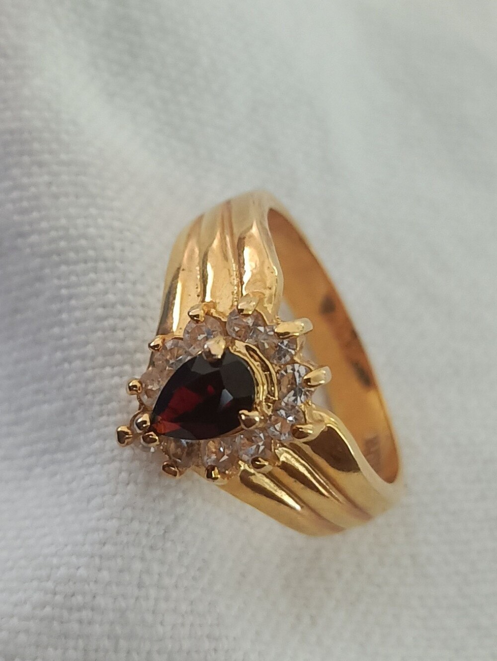 Gold-Tone Women's Ring with Deep Red Teardrop Gem